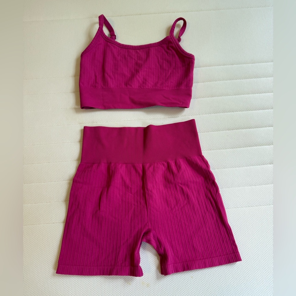 H&M Magenta Ribbed Crop Top & High-Waist Shorts Set